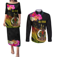 Vanuatu Ni-Van Couples Matching Puletasi and Long Sleeve Button Shirt Coat of Arms Sand Drawing
