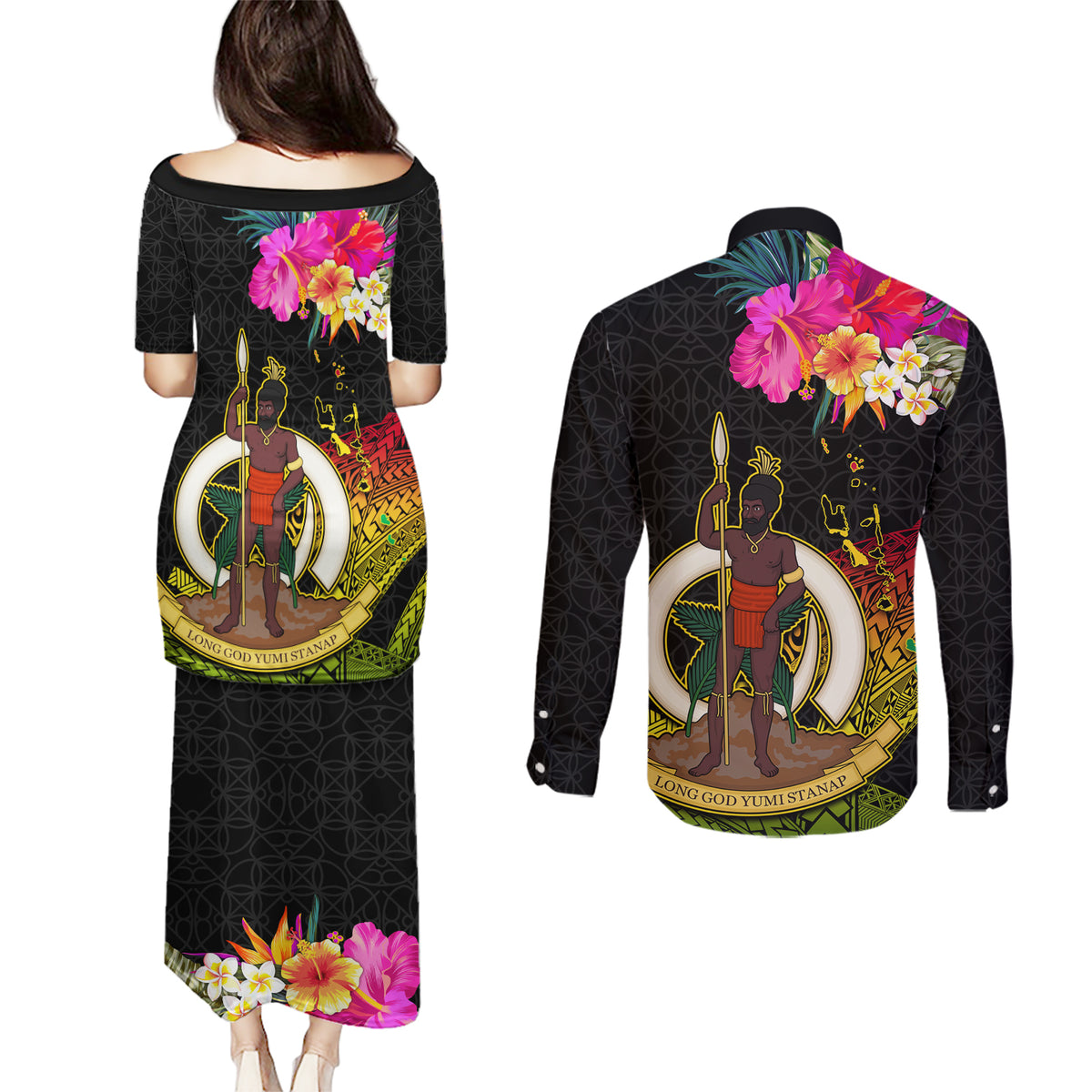 Vanuatu Ni-Van Couples Matching Puletasi and Long Sleeve Button Shirt Coat of Arms Sand Drawing