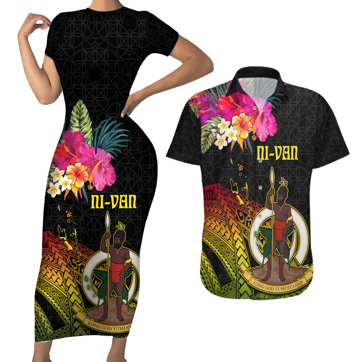 Vanuatu Ni-Van Couples Matching Short Sleeve Bodycon Dress and Hawaiian Shirt Coat of Arms Sand Drawing LT03 Black - Polynesian Pride