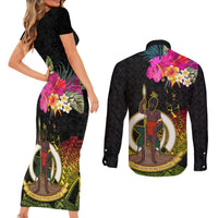 Vanuatu Ni-Van Couples Matching Short Sleeve Bodycon Dress and Long Sleeve Button Shirt Coat of Arms Sand Drawing