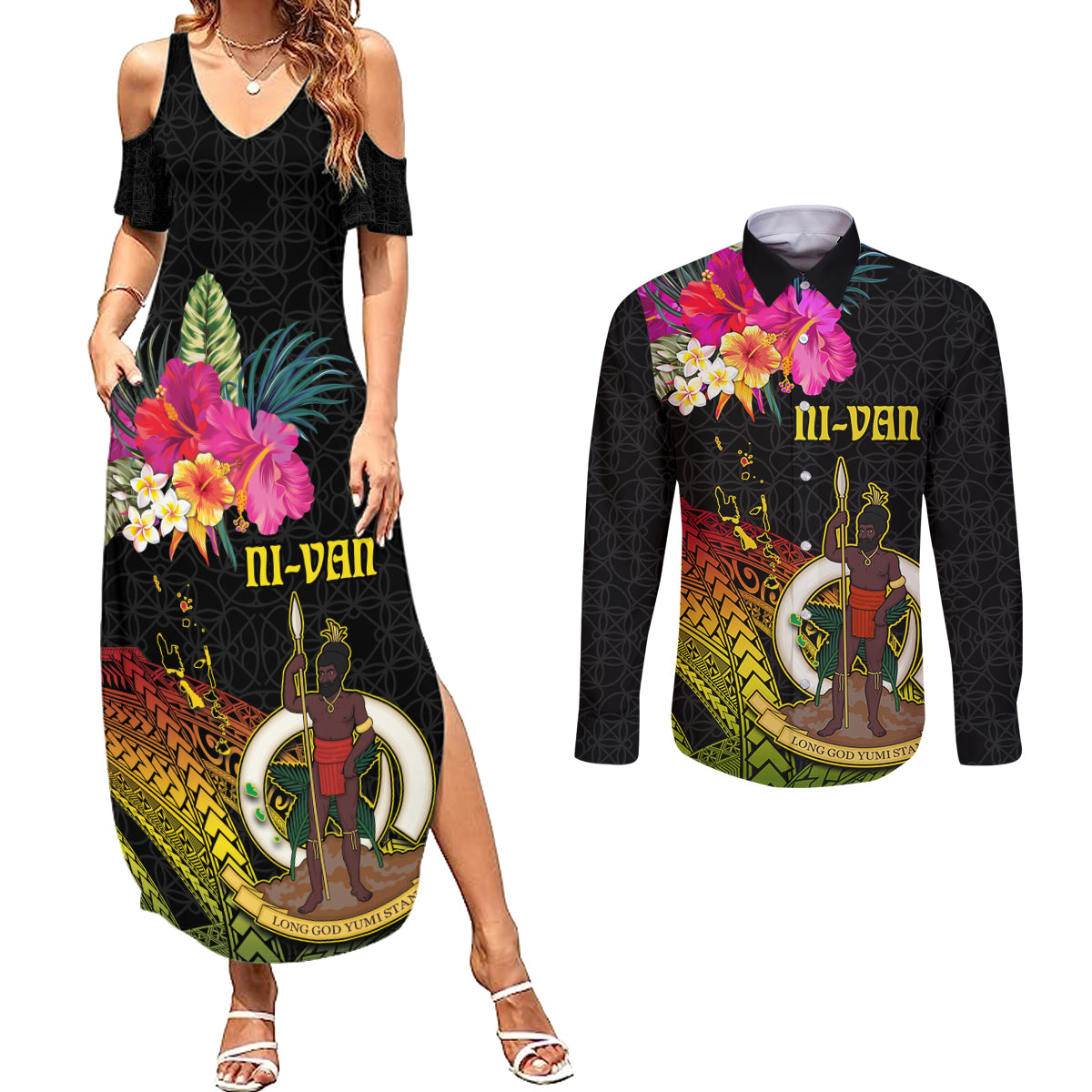 Vanuatu Ni-Van Couples Matching Summer Maxi Dress and Long Sleeve Button Shirt Coat of Arms Sand Drawing