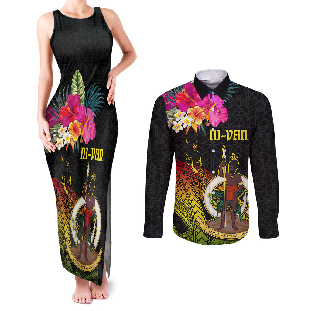 Vanuatu Ni-Van Couples Matching Tank Maxi Dress and Long Sleeve Button Shirt Coat of Arms Sand Drawing