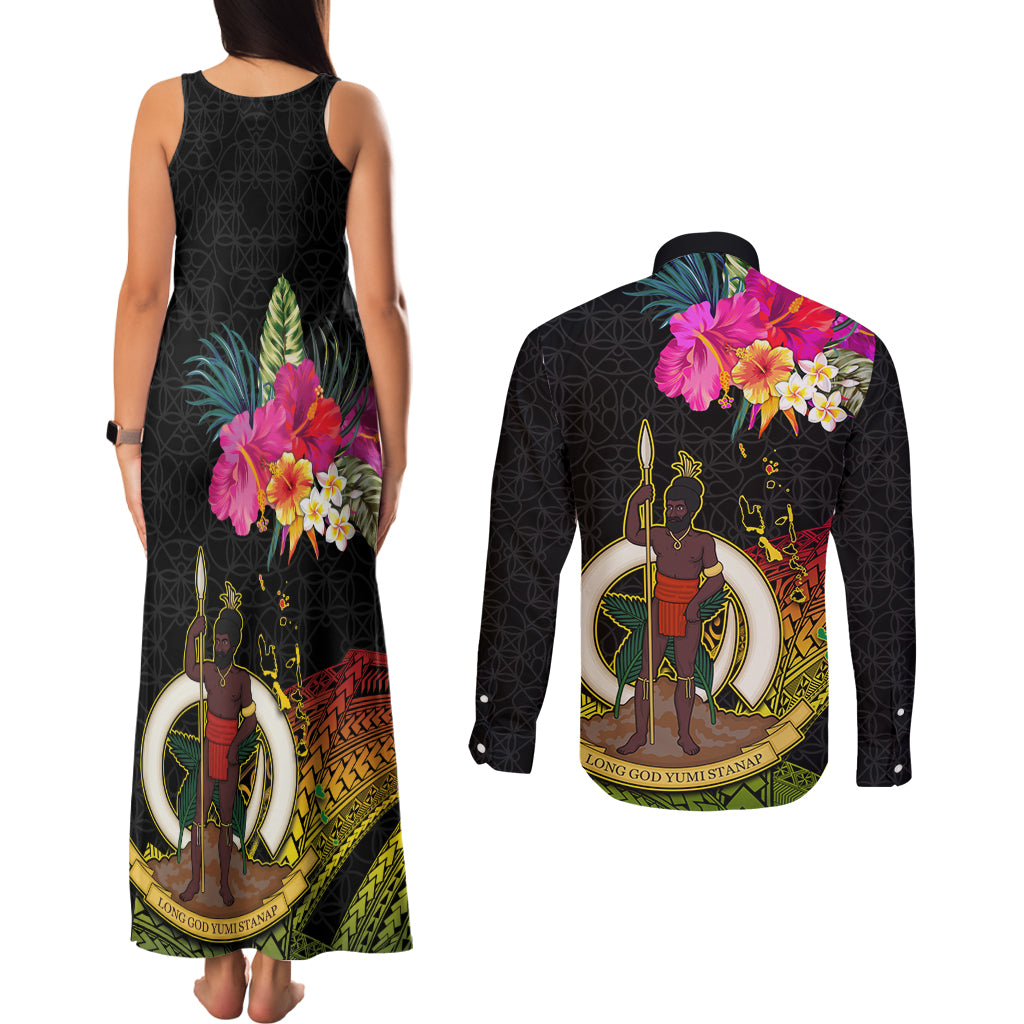 Vanuatu Ni-Van Couples Matching Tank Maxi Dress and Long Sleeve Button Shirt Coat of Arms Sand Drawing
