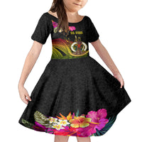 Vanuatu Ni-Van Family Matching Long Sleeve Bodycon Dress and Hawaiian Shirt Coat of Arms Sand Drawing LT03 Daughter's Dress Black - Polynesian Pride