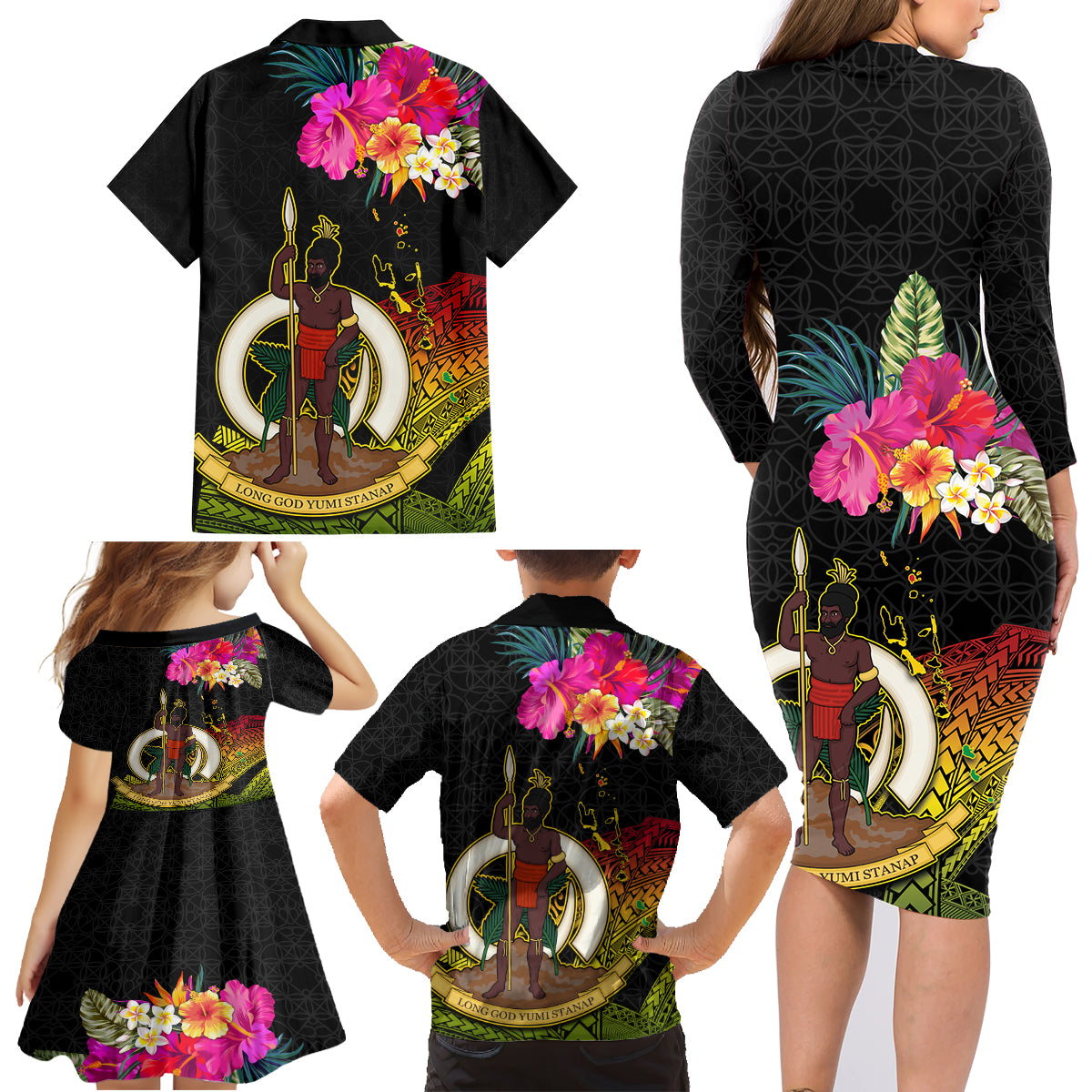 Vanuatu Ni-Van Family Matching Long Sleeve Bodycon Dress and Hawaiian Shirt Coat of Arms Sand Drawing LT03 - Polynesian Pride