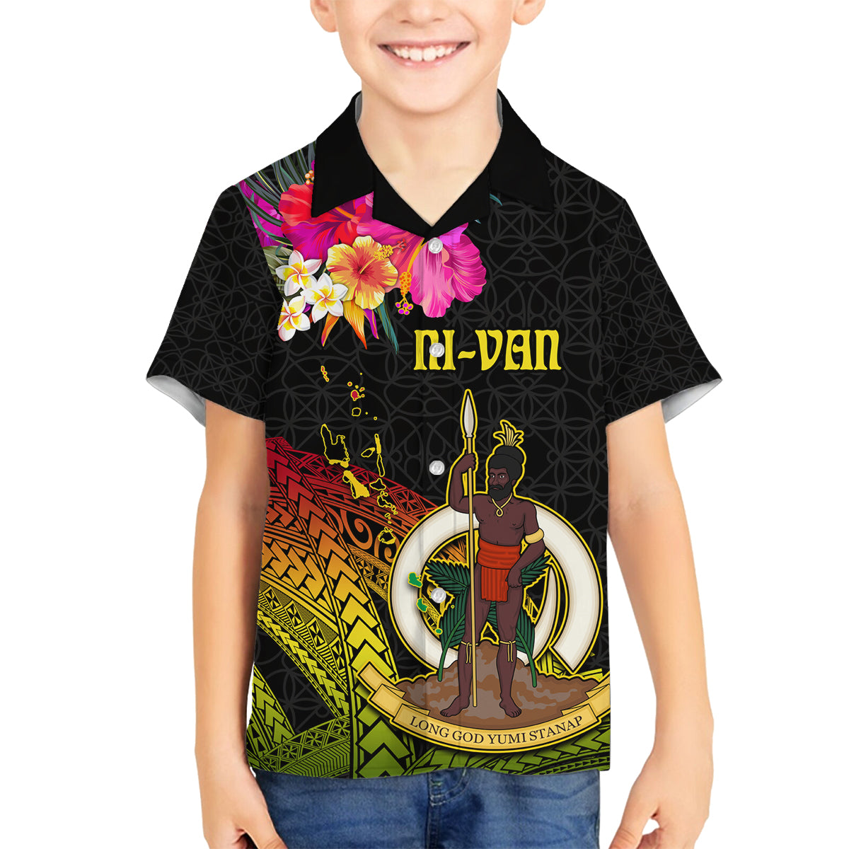 Vanuatu Ni-Van Family Matching Long Sleeve Bodycon Dress and Hawaiian Shirt Coat of Arms Sand Drawing LT03 Son's Shirt Black - Polynesian Pride
