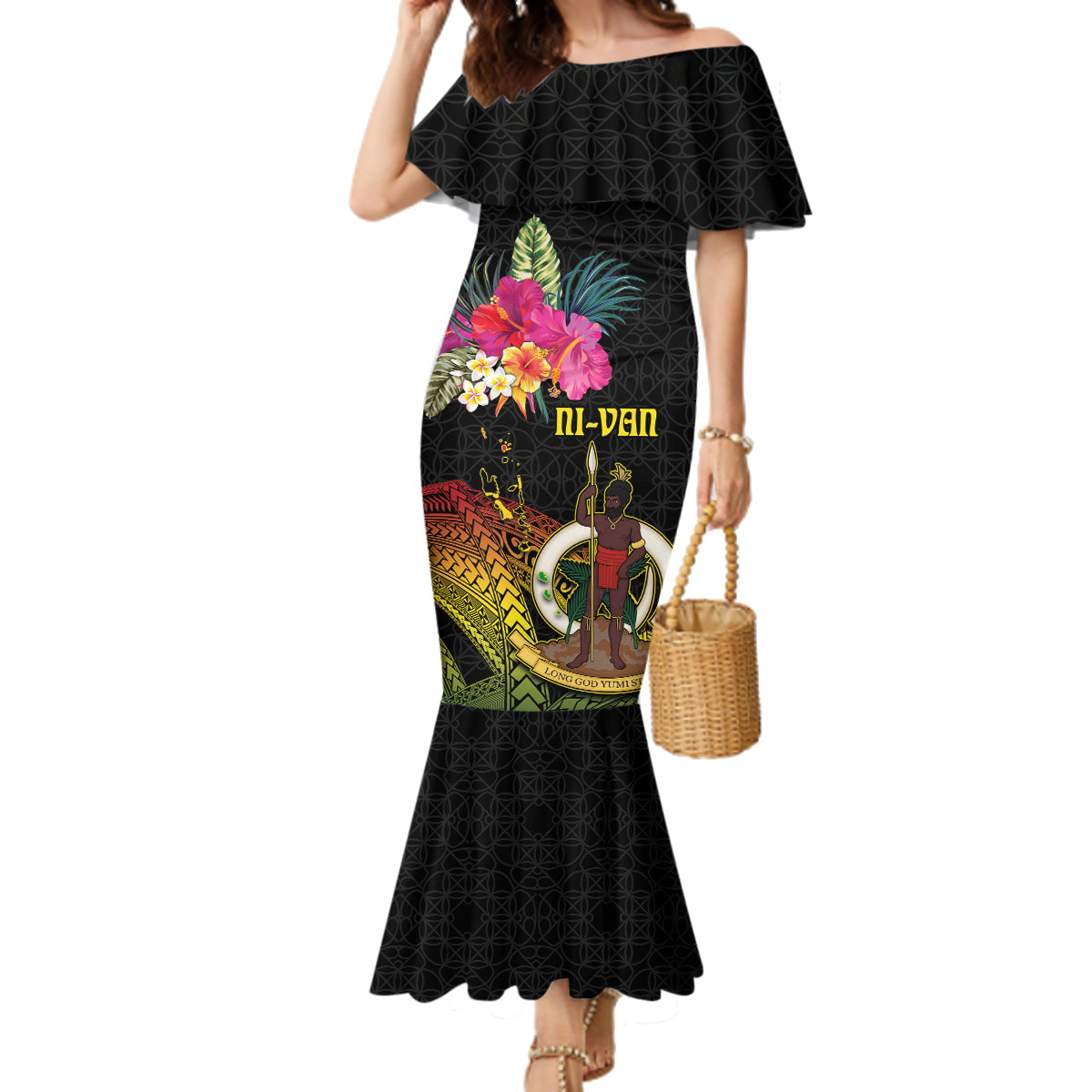 Vanuatu Ni-Van Family Matching Mermaid Dress and Hawaiian Shirt Coat of Arms Sand Drawing