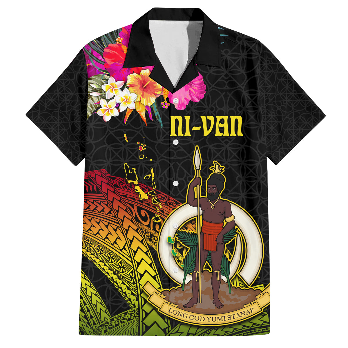 Vanuatu Ni-Van Family Matching Off The Shoulder Long Sleeve Dress and Hawaiian Shirt Coat of Arms Sand Drawing LT03 Dad's Shirt - Short Sleeve Black - Polynesian Pride
