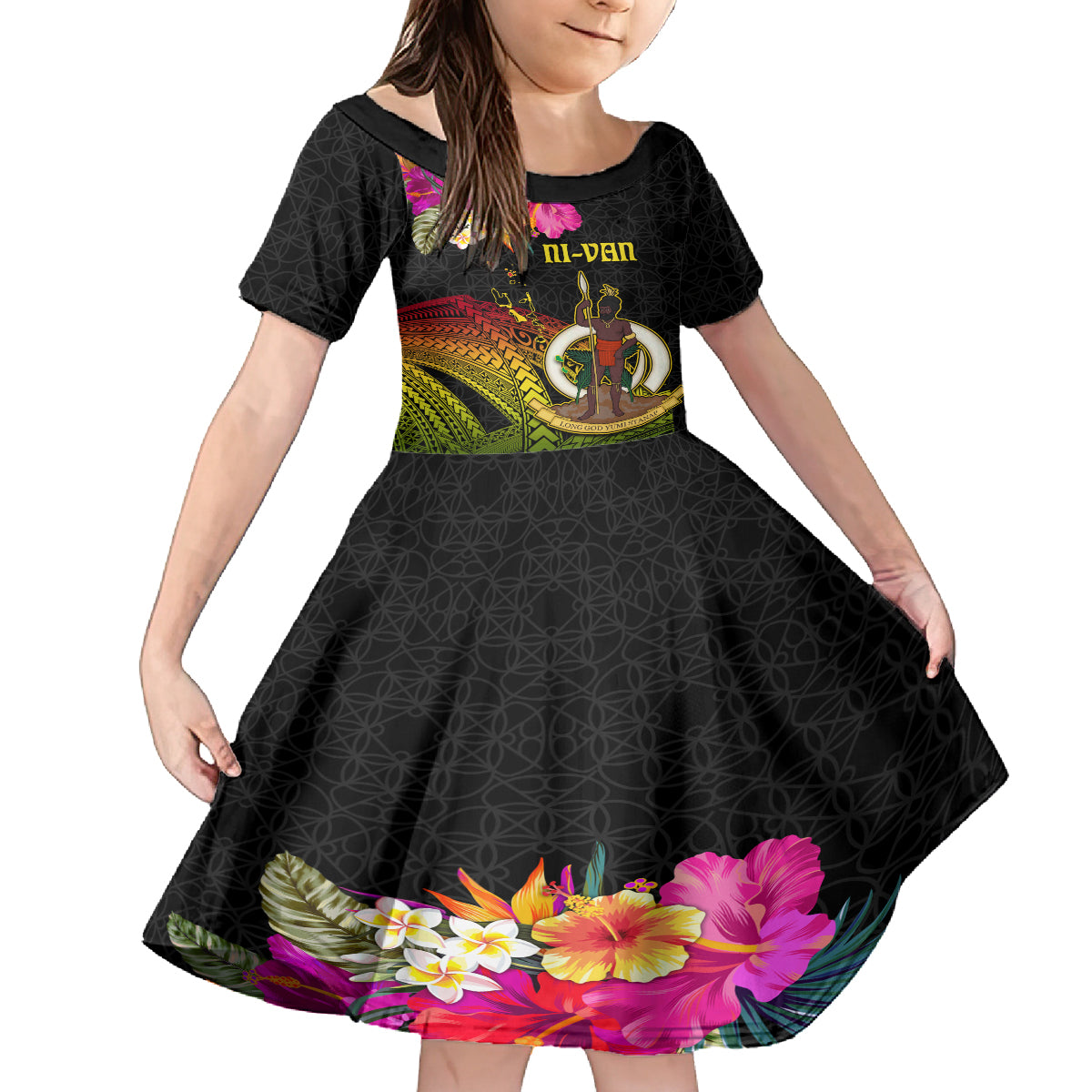 Vanuatu Ni-Van Family Matching Off Shoulder Short Dress and Hawaiian Shirt Coat of Arms Sand Drawing LT03 Daughter's Dress Black - Polynesian Pride