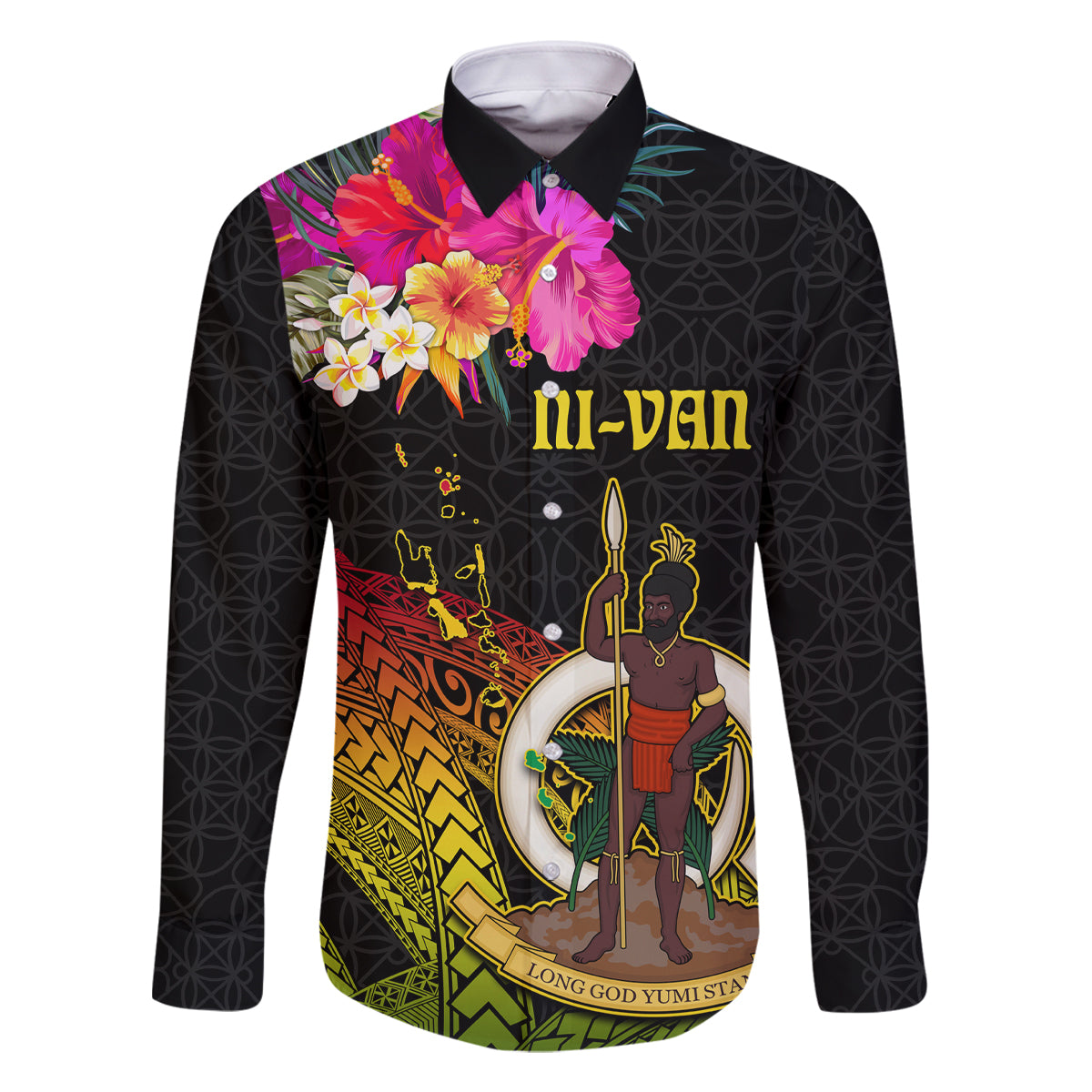 Vanuatu Ni-Van Family Matching Off Shoulder Short Dress and Hawaiian Shirt Coat of Arms Sand Drawing LT03 Dad's Shirt - Long Sleeve Black - Polynesian Pride