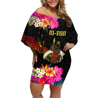 Vanuatu Ni-Van Family Matching Off Shoulder Short Dress and Hawaiian Shirt Coat of Arms Sand Drawing LT03 Mom's Dress Black - Polynesian Pride