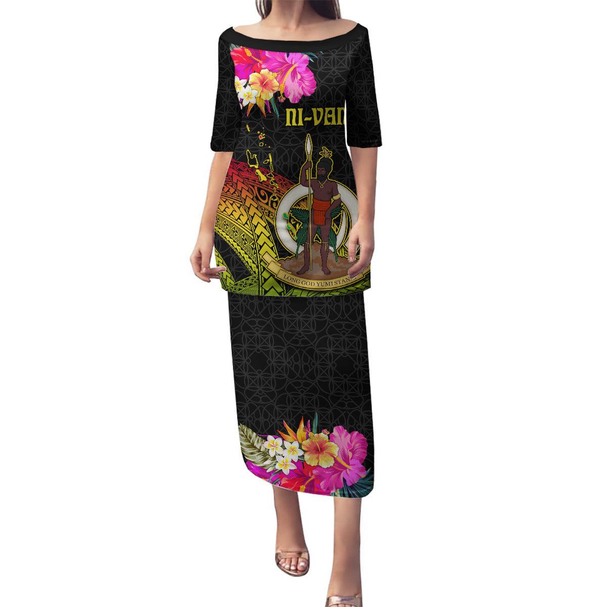 Vanuatu Ni-Van Family Matching Puletasi and Hawaiian Shirt Coat of Arms Sand Drawing LT03 Mom's Dress Black - Polynesian Pride