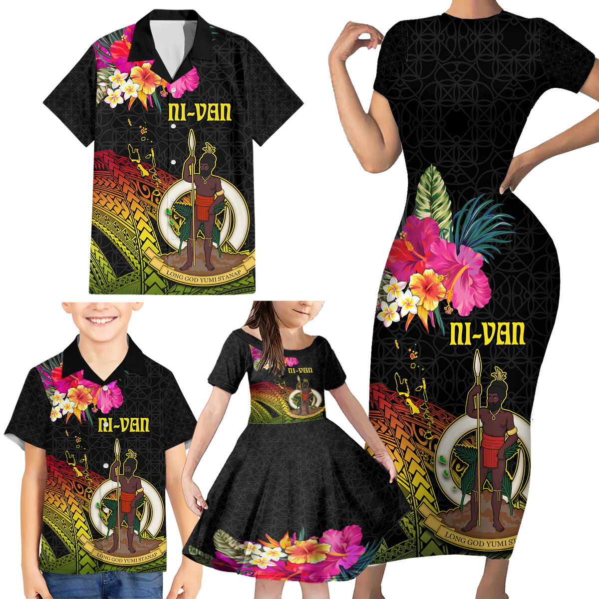 Vanuatu Ni-Van Family Matching Short Sleeve Bodycon Dress and Hawaiian Shirt Coat of Arms Sand Drawing LT03 - Polynesian Pride