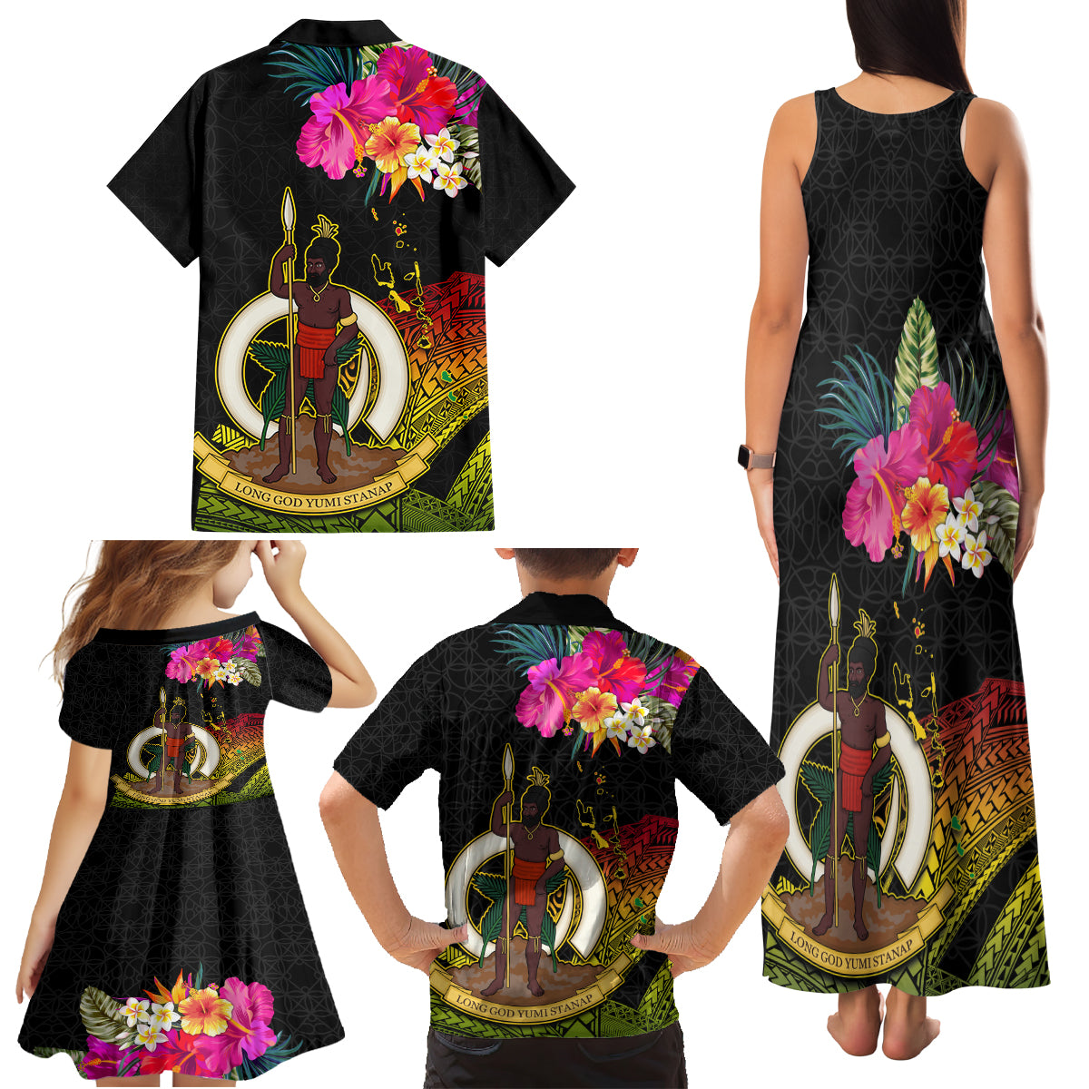 Vanuatu Ni-Van Family Matching Tank Maxi Dress and Hawaiian Shirt Coat of Arms Sand Drawing LT03 - Polynesian Pride