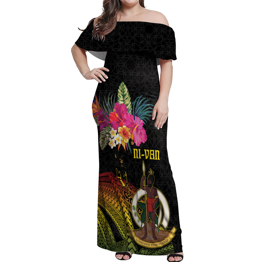 Vanuatu Ni-Van Off Shoulder Maxi Dress Coat of Arms Sand Drawing