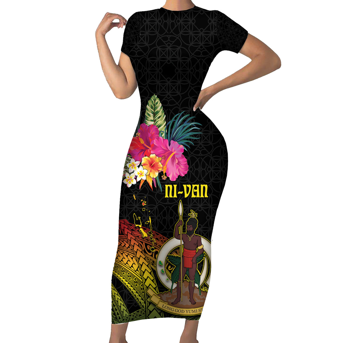 Vanuatu Ni-Van Short Sleeve Bodycon Dress Coat of Arms Sand Drawing