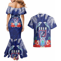 Guam Liberation Day Couples Matching Mermaid Dress and Hawaiian Shirt The Tribal Latte Stone and Dolphins with Hibiscus Chamorro Culture