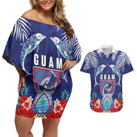 Guam Liberation Day Couples Matching Off Shoulder Short Dress and Hawaiian Shirt The Tribal Latte Stone and Dolphins with Hibiscus Chamorro Culture