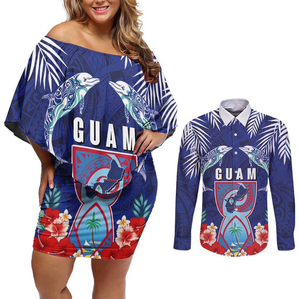 Guam Liberation Day Couples Matching Off Shoulder Short Dress and Long Sleeve Button Shirt The Tribal Latte Stone and Dolphins with Hibiscus Chamorro Culture