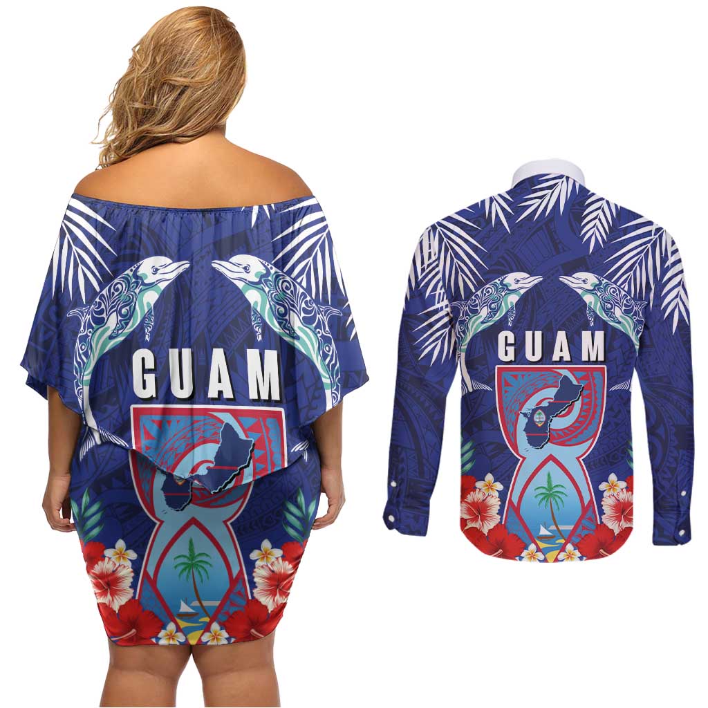 Guam Liberation Day Couples Matching Off Shoulder Short Dress and Long Sleeve Button Shirt The Tribal Latte Stone and Dolphins with Hibiscus Chamorro Culture