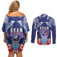 Guam Liberation Day Couples Matching Off Shoulder Short Dress and Long Sleeve Button Shirt The Tribal Latte Stone and Dolphins with Hibiscus Chamorro Culture