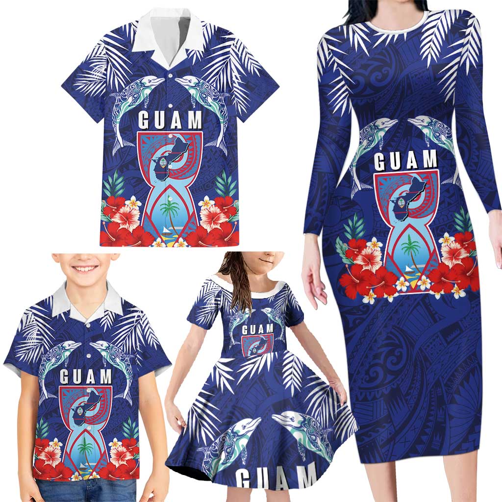 Guam Liberation Day Family Matching Long Sleeve Bodycon Dress and Hawaiian Shirt The Tribal Latte Stone and Dolphins with Hibiscus Chamorro Culture