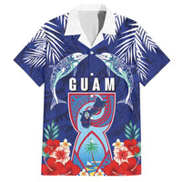 Guam Liberation Day Family Matching Long Sleeve Bodycon Dress and Hawaiian Shirt The Tribal Latte Stone and Dolphins with Hibiscus Chamorro Culture LT03 Dad's Shirt - Short Sleeve Blue - Polynesian Pride
