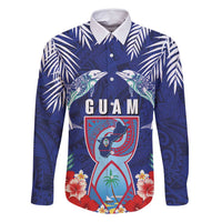 Guam Liberation Day Family Matching Long Sleeve Bodycon Dress and Hawaiian Shirt The Tribal Latte Stone and Dolphins with Hibiscus Chamorro Culture LT03 Dad's Shirt - Long Sleeve Blue - Polynesian Pride