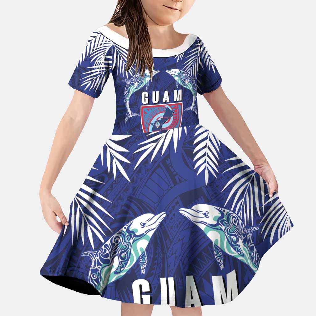 Guam Liberation Day Family Matching Mermaid Dress and Hawaiian Shirt The Tribal Latte Stone and Dolphins with Hibiscus Chamorro Culture LT03 Daughter's Dress Blue - Polynesian Pride