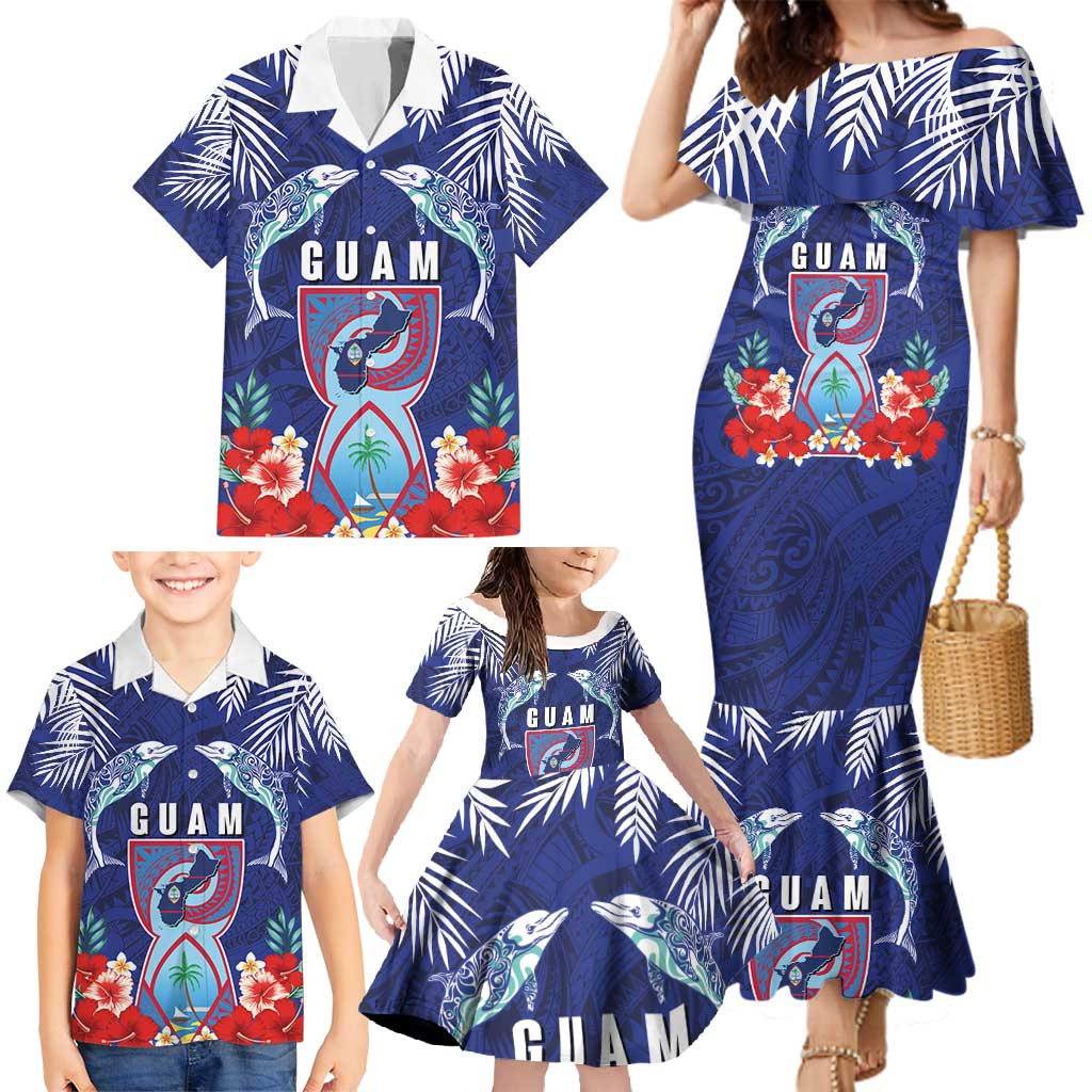 Guam Liberation Day Family Matching Mermaid Dress and Hawaiian Shirt The Tribal Latte Stone and Dolphins with Hibiscus Chamorro Culture LT03 - Polynesian Pride