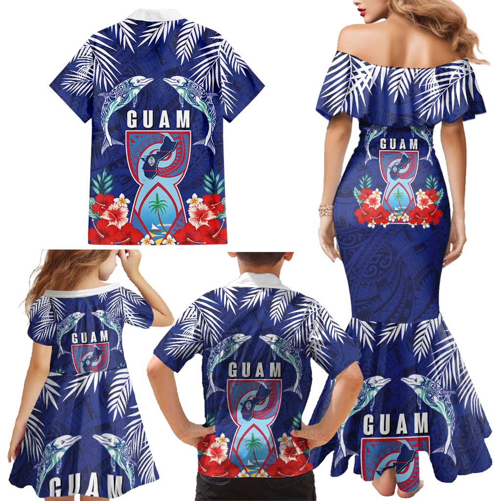 Guam Liberation Day Family Matching Mermaid Dress and Hawaiian Shirt The Tribal Latte Stone and Dolphins with Hibiscus Chamorro Culture LT03 - Polynesian Pride