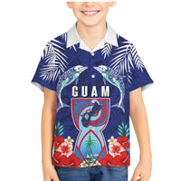 Guam Liberation Day Family Matching Mermaid Dress and Hawaiian Shirt The Tribal Latte Stone and Dolphins with Hibiscus Chamorro Culture LT03 Son's Shirt Blue - Polynesian Pride