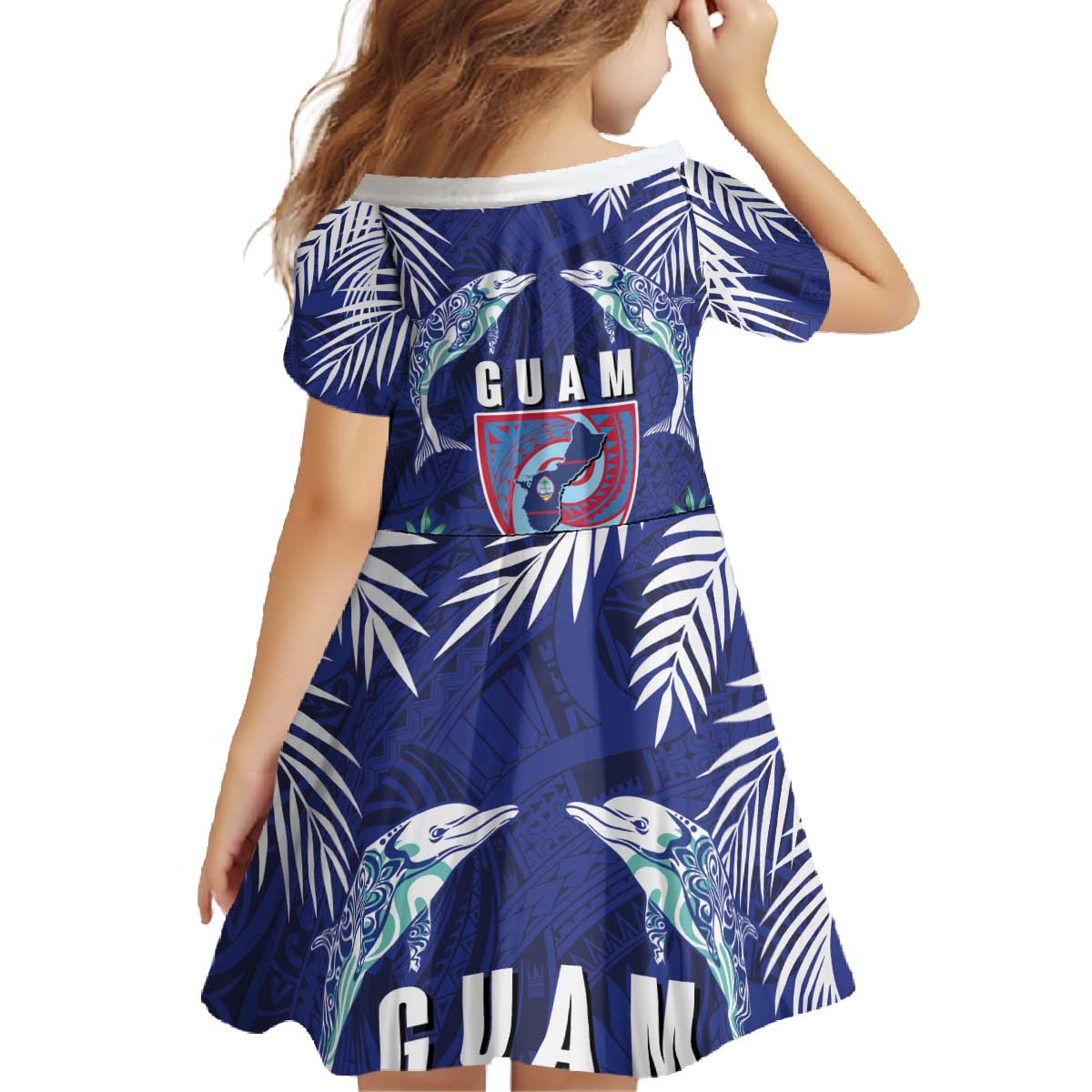 Guam Liberation Day Family Matching Off The Shoulder Long Sleeve Dress and Hawaiian Shirt The Tribal Latte Stone and Dolphins with Hibiscus Chamorro Culture