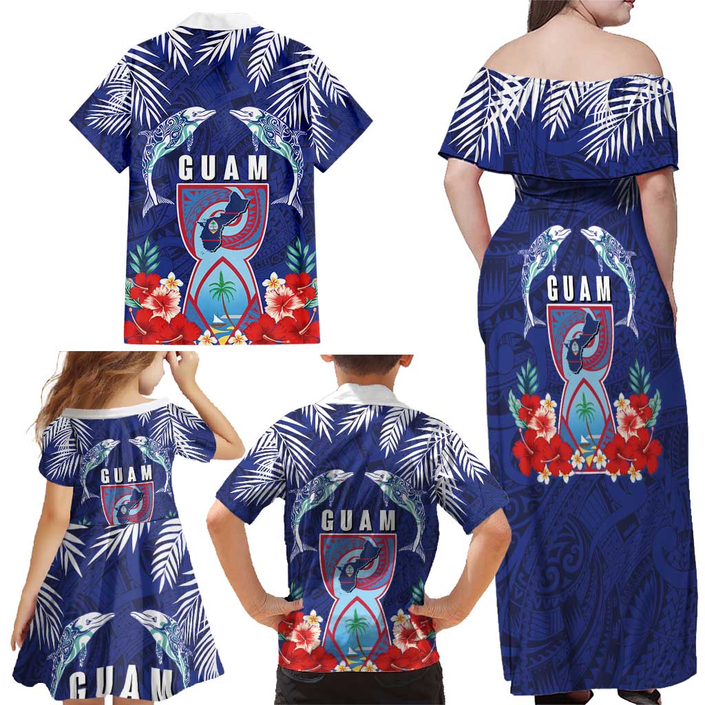 Guam Liberation Day Family Matching Off Shoulder Maxi Dress and Hawaiian Shirt The Tribal Latte Stone and Dolphins with Hibiscus Chamorro Culture