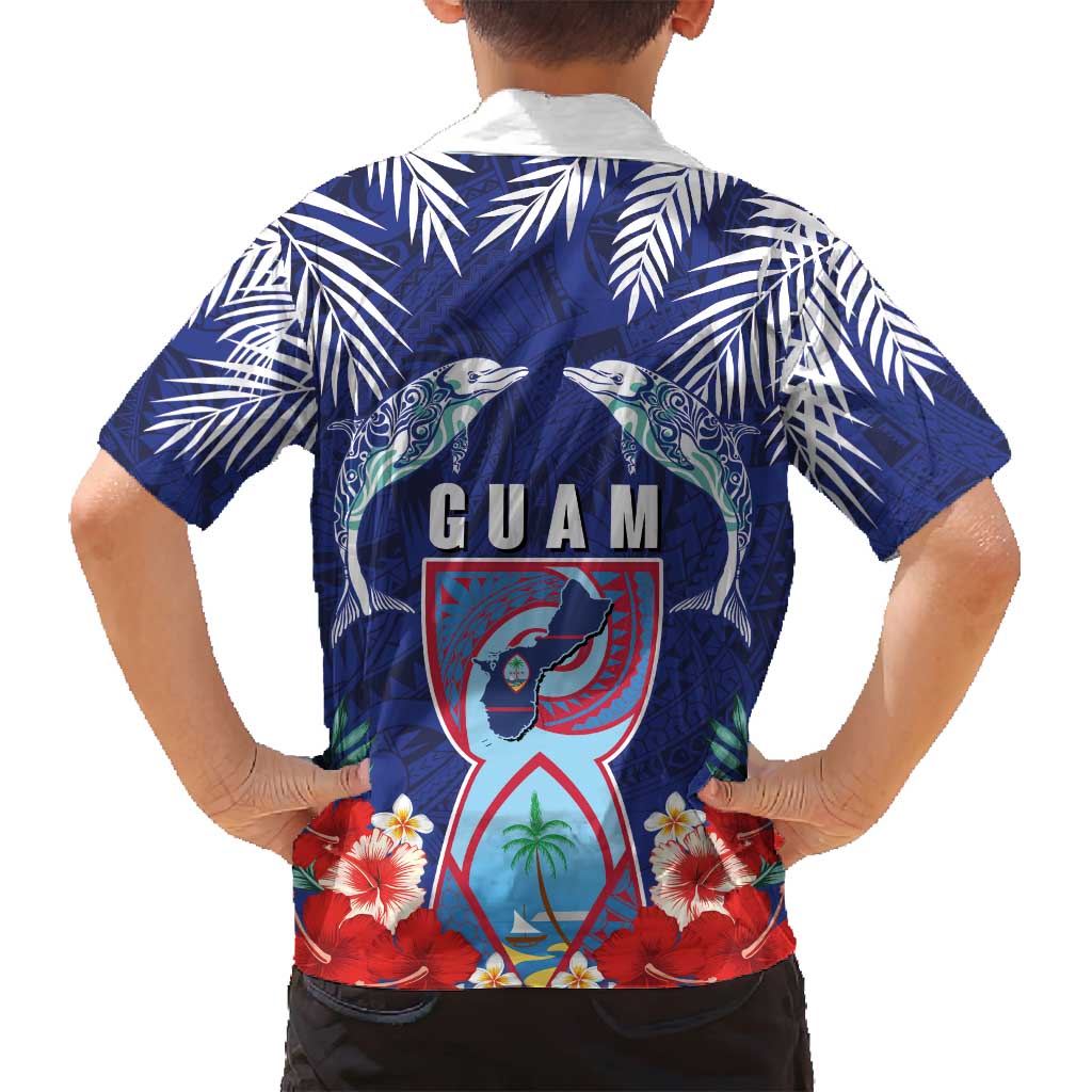 Guam Liberation Day Family Matching Off Shoulder Short Dress and Hawaiian Shirt The Tribal Latte Stone and Dolphins with Hibiscus Chamorro Culture LT03 - Polynesian Pride