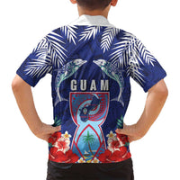 Guam Liberation Day Family Matching Off Shoulder Short Dress and Hawaiian Shirt The Tribal Latte Stone and Dolphins with Hibiscus Chamorro Culture LT03 - Polynesian Pride