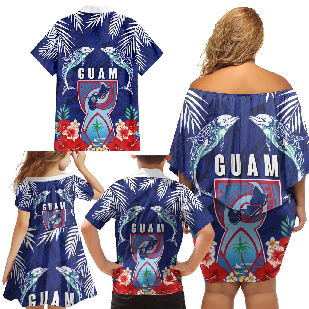 Guam Liberation Day Family Matching Off Shoulder Short Dress and Hawaiian Shirt The Tribal Latte Stone and Dolphins with Hibiscus Chamorro Culture LT03 - Polynesian Pride