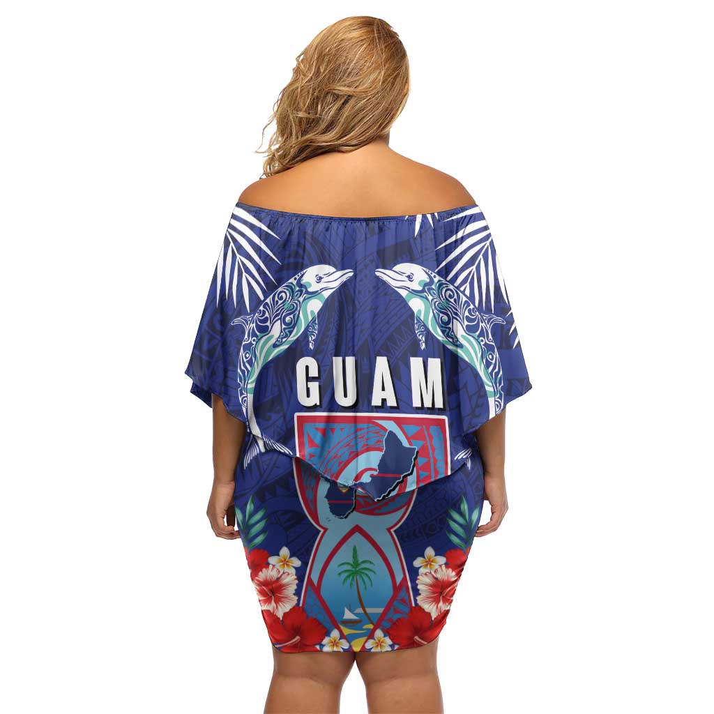 Guam Liberation Day Family Matching Off Shoulder Short Dress and Hawaiian Shirt The Tribal Latte Stone and Dolphins with Hibiscus Chamorro Culture LT03 - Polynesian Pride