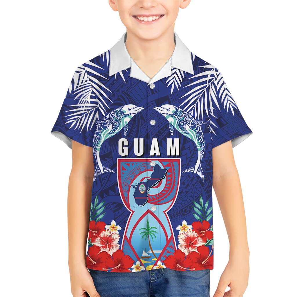 Guam Liberation Day Family Matching Off Shoulder Short Dress and Hawaiian Shirt The Tribal Latte Stone and Dolphins with Hibiscus Chamorro Culture LT03 Son's Shirt Blue - Polynesian Pride