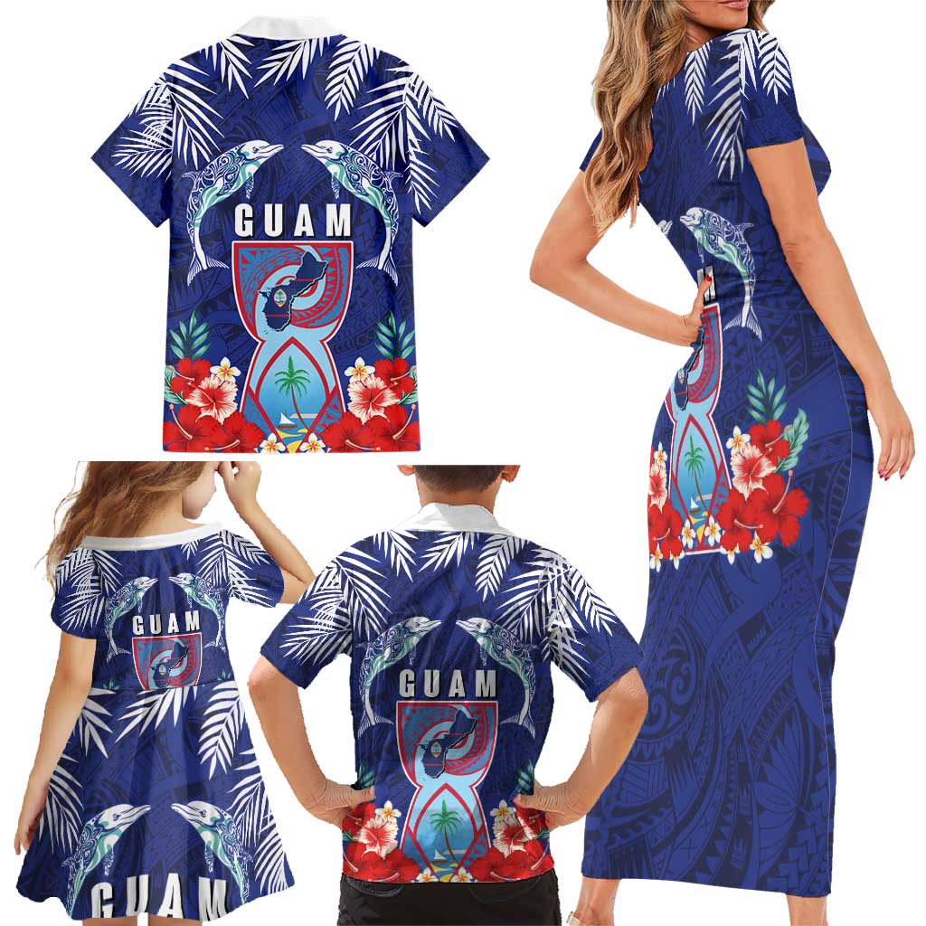 Guam Liberation Day Family Matching Short Sleeve Bodycon Dress and Hawaiian Shirt The Tribal Latte Stone and Dolphins with Hibiscus Chamorro Culture LT03 - Polynesian Pride