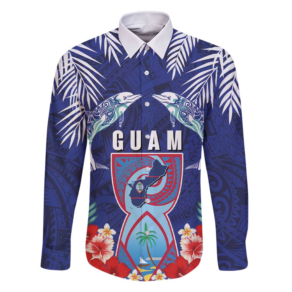 Guam Liberation Day Family Matching Short Sleeve Bodycon Dress and Hawaiian Shirt The Tribal Latte Stone and Dolphins with Hibiscus Chamorro Culture LT03 Dad's Shirt - Long Sleeve Blue - Polynesian Pride