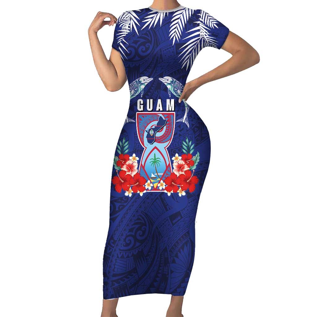 Guam Liberation Day Family Matching Short Sleeve Bodycon Dress and Hawaiian Shirt The Tribal Latte Stone and Dolphins with Hibiscus Chamorro Culture LT03 Mom's Dress Blue - Polynesian Pride