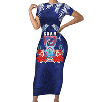 Guam Liberation Day Family Matching Short Sleeve Bodycon Dress and Hawaiian Shirt The Tribal Latte Stone and Dolphins with Hibiscus Chamorro Culture LT03 Mom's Dress Blue - Polynesian Pride