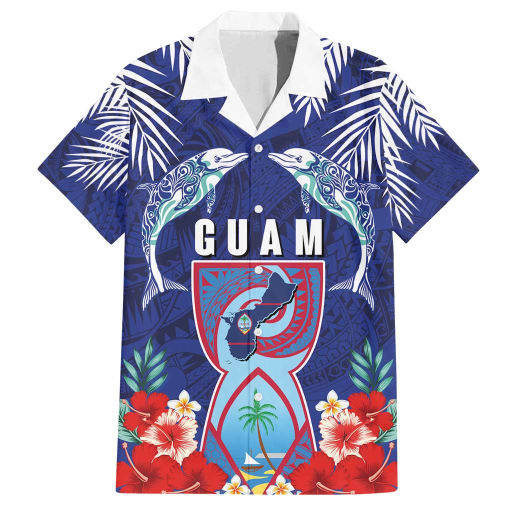 Guam Liberation Day Family Matching Tank Maxi Dress and Hawaiian Shirt The Tribal Latte Stone and Dolphins with Hibiscus Chamorro Culture LT03 Dad's Shirt - Short Sleeve Blue - Polynesian Pride