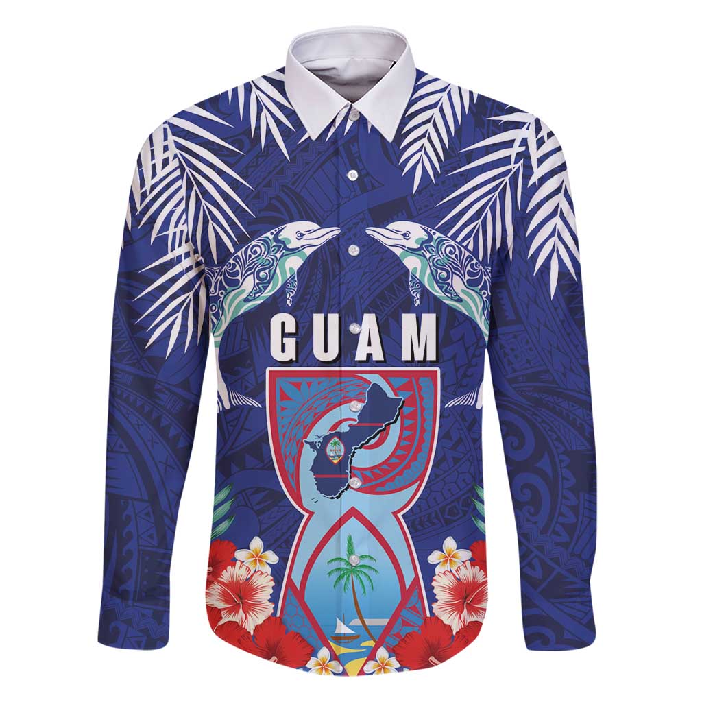 Guam Liberation Day Family Matching Tank Maxi Dress and Hawaiian Shirt The Tribal Latte Stone and Dolphins with Hibiscus Chamorro Culture LT03 Dad's Shirt - Long Sleeve Blue - Polynesian Pride