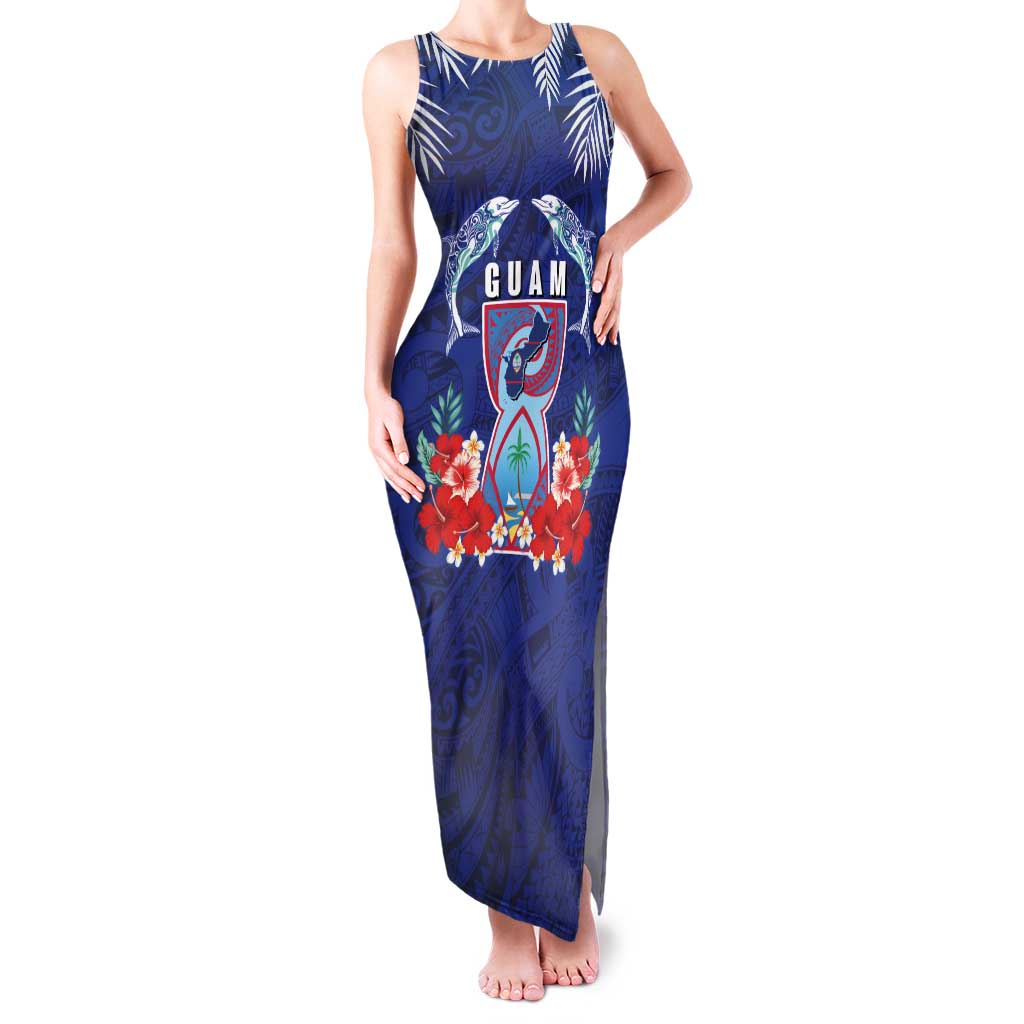 Guam Liberation Day Family Matching Tank Maxi Dress and Hawaiian Shirt The Tribal Latte Stone and Dolphins with Hibiscus Chamorro Culture LT03 Mom's Dress Blue - Polynesian Pride