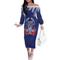Guam Liberation Day Off The Shoulder Long Sleeve Dress The Tribal Latte Stone and Dolphins with Hibiscus Chamorro Culture LT03 Women Blue - Polynesian Pride