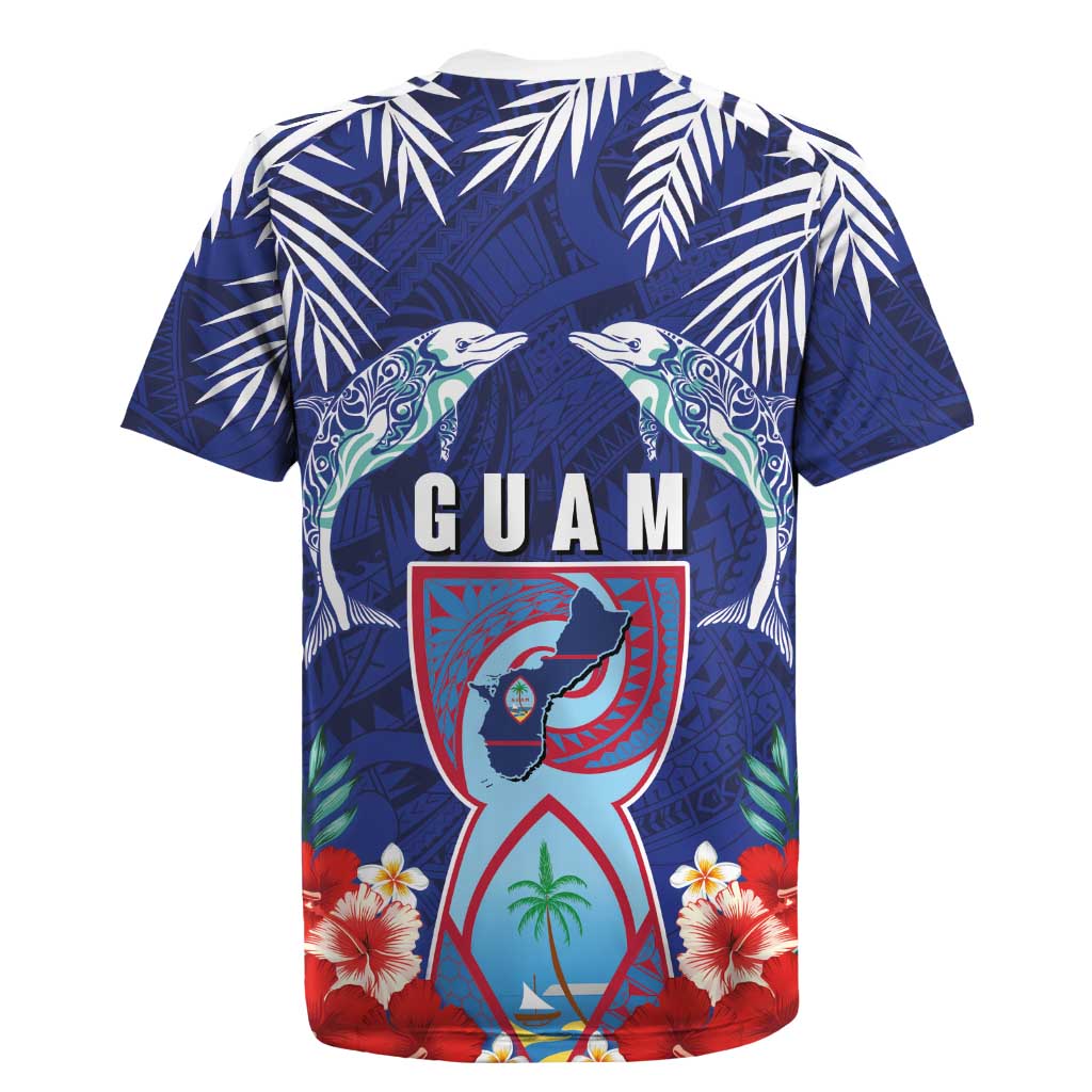 Guam Liberation Day Rugby Jersey The Tribal Latte Stone and Dolphins with Hibiscus Chamorro Culture