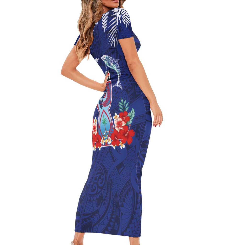 Guam Liberation Day Short Sleeve Bodycon Dress The Tribal Latte Stone and Dolphins with Hibiscus Chamorro Culture LT03 - Polynesian Pride