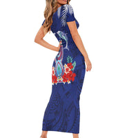 Guam Liberation Day Short Sleeve Bodycon Dress The Tribal Latte Stone and Dolphins with Hibiscus Chamorro Culture LT03 - Polynesian Pride